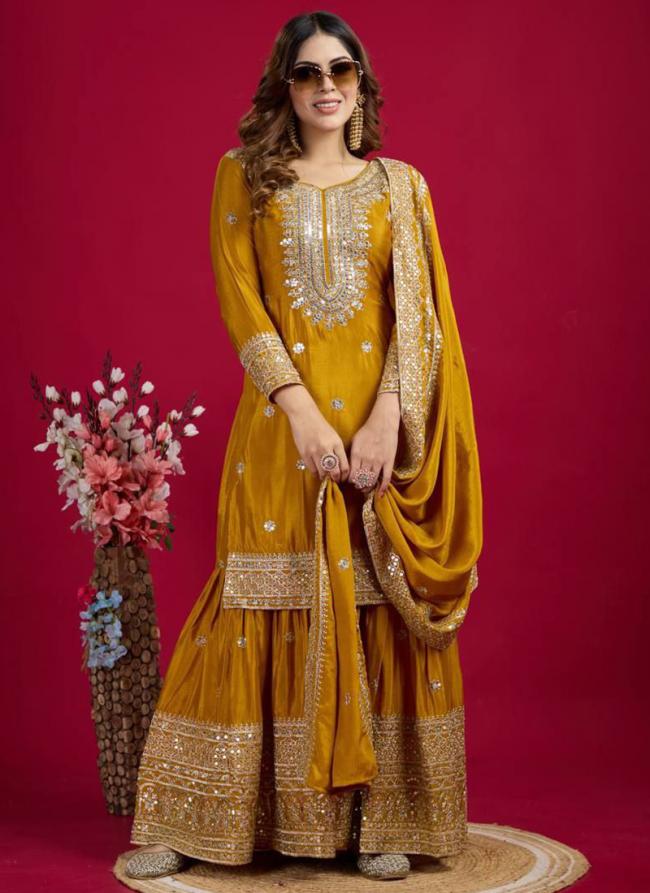 Chinnon Silk Yellow Ceremonial Wear Sequins Work Readymade Sharara Suit